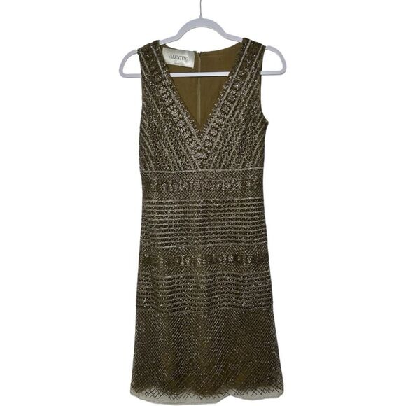 Valentino Tan Heavily Beaded Mini Shift Dress Size XS Sleeveless Timeless Classy
